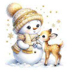 a painting of a snowman with a baby deer