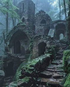 an old stone building in the woods with moss growing on it's walls and steps