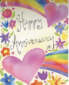 an anniversary card with flowers and hearts