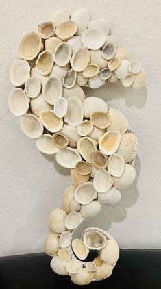 the letter s made out of seashells sits on a black table in front of a white wall