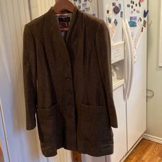 Peruvian Connection Tweed Coat, 50% Baby Alpaca, 30% Wool 20% Nylon. Size 8. Classic Fit. V Neck Collar, Kick Pleat. Fully Lined, Including Sleeves, With Elegant Polyester Lining. 2 Front Pockets. Measures 33 1/2 Down Back. Fitted Tweed Wool Coat For Work, Wool Long Sleeve Sweater Coat For Office, Brown Wool Tweed Jacket With Long Sleeves, Tailored Wool Tweed Jacket With Long Sleeves, Fitted Wool Sweater Coat In Brown, Brown Wool Sweater Coat With Pockets, Wool Long Sleeve Sport Coat For Fall, Tailored Brown Wool Coat With Long Sleeves, Tweed Outerwear For Work With Long Sleeves