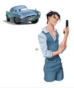 a cartoon character holding a cell phone next to an image of a car and a man in overalls