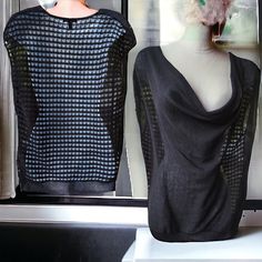 This Sleeveless Knit Black Top Is Sheer In Front And Has A Mesh Knit Style In The Back. It Has A Professional Drape In Front. It Is Oversized And Likely Would Fit Up To A Medium. There Is No Wear On This Top. Great For Over Short, Long Sleeve Tops With A Skirt, Slacks Or Even Jeans. Very Versatile Piece And Can Dress Up Or Give Your Outfit A Bit Of Pop. Material Is 100% Cotton. Measured Lying Flat: Chest 20" Pit To Pit And The Length Is 26" Wbsl245l04m Stretch Open Knit Mesh Top, Stretch Mesh Top With Open Knit, Fitted Black Open Knit Mesh Top, Fitted Black Mesh Top With Open Knit, Fitted Mesh Top With Open Knit, Stretch Open Knit Tops For Night Out, Fitted Mesh Open Knit Top, Sheer Sleeveless Mesh Top For Layering, Stretch Knit Mesh Top