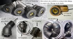 four different types of hoses and fittings are shown in three pictures, one with an outlet