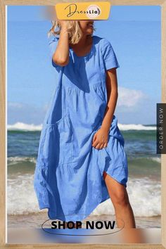 Solid Color Short Sleeves Summer Casual Dresses Beach Shift Midi Dress, Beach Shift Midi Dress In Solid Color, Spring Beach Midi Dress With Pockets, Casual Beach Season Dress With Pockets, Solid Color Midi Dress With Pockets For Beach, Casual Beach Dress With Pockets, Casual Solid Color Midi Dress For Beach, Summer Beach Dress With Pockets, Solid Color Short Sleeve Midi Dress For Beach