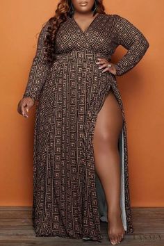 Lasaky - Chic Patchwork Long Dress with V-Neck and Slit Detail for Plus Size Women Plus Size Long Dresses, Vacation Maxi Dress, Long Dress Plus Size, Stylish Plus, Maxi Dresses Casual, Daily Dress, Brown Fashion, Plus Size Dress, V Neck Dress