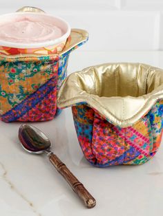 Ice Cream Cozy - Pink Folk Flower Patchwork-view 1 Fun Ice Cream, Flower Patchwork, Ice Cream Cozy, Ice Cream Gift, Pint Of Ice Cream, Garden Court, Ice Cream Tubs, Bowl Holder, Love Ice Cream