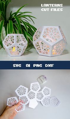 the instructions for how to make paper lanterns out of cut files are shown in three different views