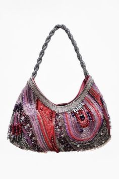 Maroon agate bag with all over abstract crystal, beads embellishments in vivid shades and twisted, embellished handle. - Aza Fashions Glamorous Embellished Bags, Glamorous Multicolor Embellished Bags, Glamorous Embellished Multicolor Bags, Glamorous Red Embellished Bag, Designer Multicolor Embellished Bags, Designer Embellished Multicolor Bags, Elegant Multicolor Embellished Bag, Elegant Red Beaded Bag, Luxury Red Embellished Bag