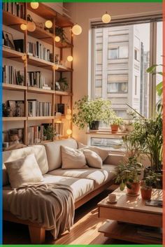 a living room filled with furniture and lots of bookshelves next to a window