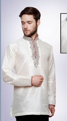 Whimsical White Dupion Silk Men Short Kurta With Neck Embroidered DTGK559 White Kurta With Embroidered Border For Transitional Season, Transitional White Kurta With Embroidered Border, White Long Sleeve Raw Silk Kurta, Traditional Fitted Kurta With Band Neckline, White Embroidered Raw Silk Kurta, White Sherwani With Embroidered Border For Transitional Season, Transitional White Sherwani With Embroidered Border, White Long Sleeve Raw Silk Traditional Wear, Traditional White Sherwani With Embroidered Border