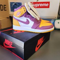 Nwt Jordan 1 Retro High Og Brotherhood (Gs) Size 4 Youth Womens 5.5 Color University Gold Bordeaux Yellow And Purple Air Jordan 1, Metallic Purple Jordans, Air Jordan 1 Retro High Og Purple Yellow, Yellow High-top Jordan Shoes, Yellow High-top Jordan Shoes For Streetwear, Nike Shoes Women Fashion, Kids Jordans, Jordan 1 Retro High, Nike Shoes Women