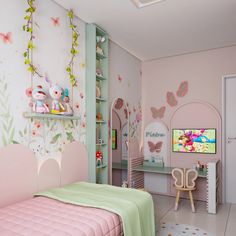 a child's bedroom decorated in pastel pink and green with butterflies on the wall