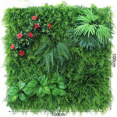 an image of a green wall with plants and flowers in the center, surrounded by red roses