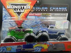 two monster jam trucks are in the package