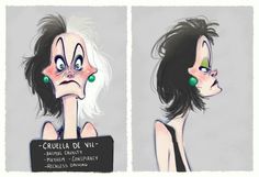 two cartoon images of a woman holding a sign that says cruella de vil