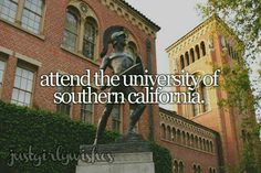 a statue in front of a brick building with the words, attend the university of southern california