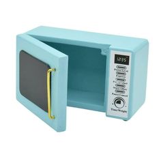 a blue microwave oven with the door open