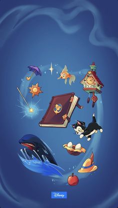 an image of a book surrounded by animals and other things in the air on a blue background