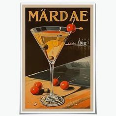 an old fashioned martini poster with cherries on the table and in front of it