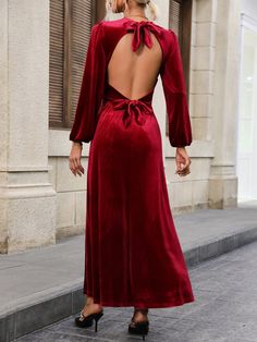 Backless Velvet Lantern Sleeve Dress With Strap Burgundy Sexy  Long Sleeve Fabric Plain A Line Medium Stretch  Women Clothing, size features are:Bust: ,Length: ,Sleeve Length: Backless Maxi Dress, Women Sweaters Winter, Dress Autumn, Lantern Sleeve Dress, Backless Maxi Dresses, Long Sleeve Knit Tops, Daily Dress, Women Long Dresses, Cutout Dress