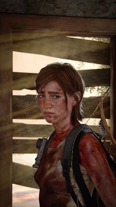 the walking dead game character with blood on her face and chest, standing in front of a