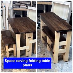 the table and stools are made out of wooden planks with space saving folding table plans