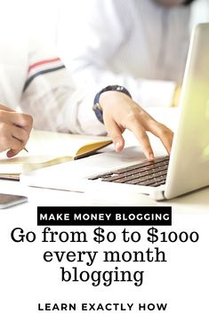 a person typing on a laptop with the words make money blogging go from $ 10 to $ 100 every month blogging learn exactly how