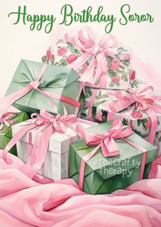 a birthday card with presents wrapped in pink ribbon and bows on top of each other