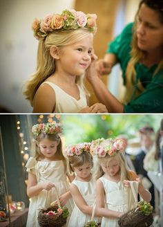 two girls in white dresses with flower crowns on their heads and one girl holding a basket full of flowers