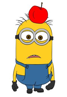 a cartoon minion with an apple on his head