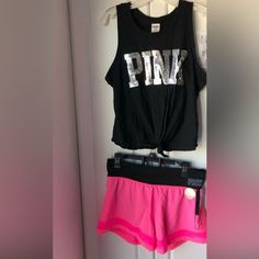 Nwot Victoria Secret Black Bling Tank And Pink Workout Shorts Both Size M New With Out Tags Strawberry Soda, Victoria Secret Black, Pink Workout, Pink Bling, Girly Accessories, Victoria Secrets, Short Set, Shorts Athletic, Athletic Shorts