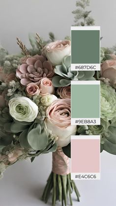 a bouquet with roses and succulents is shown in shades of green, pink, and grey