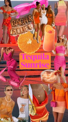 a collage of women in swimsuits and oranges