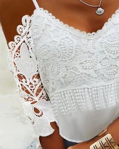 Lasaky - Contrast lace off-the-shoulder top Summer Party Tops With Lace Sleeves, White Crochet Lace Top For Party, Summer Lace Tops With Crochet Trim, Summer Lace Blouse With Crochet Trim, Summer Lace Top With Lace Work, Summer V-neck Top With Lace Work, White Lace Top With Lace Sleeves For Summer, White Cold Shoulder Top For Spring, Summer Party Blouse With Cold Shoulder