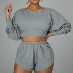 Two-Piece Shorts Set Long-Sleeve Top Round Neck Back Cut Out Pull String High Waist Shorts. Model Is Wearing A Small. Casual Long Sleeve Two-piece Tops, Summer Gray Long Sleeve Sets, Two Piece Shorts, Distressed High Waisted Shorts, Two Piece Shorts Set, Mom Jeans Shorts, White Jean Shorts, Forever 21 Jeans, High Waist Shorts