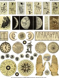 an old book with many different types of clocks and hand prints on it's pages