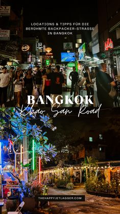 the cover of bangkok's neon scene road at night, with people walking around