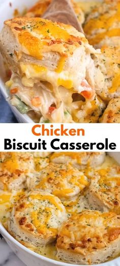 chicken biscuit casserole in a white dish with text overlay that reads chicken biscuit casserole