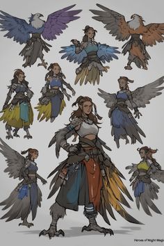 an image of some kind of character that is in different poses and colors, with wings