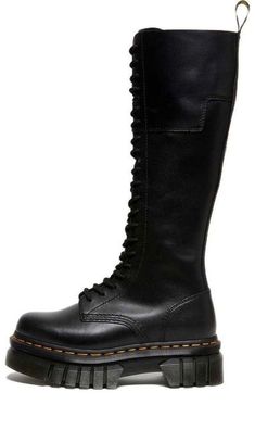 (WMNS) Dr.Martens Audrick 20-Eye Leather Knee High Platform Boots 'Black' 27953001 Black Calf Leather Boots With Leather Footbed, Black Leather Lace-up Boots With Rubber Sole, Black Leather High Ankle Boots, Black Calf Leather Lace-up Boots, Black Lace-up Boots In Calf Leather, Black Leather Round Toe Boots, Black Leather Boots With Round Toe, Black Leather Boots With Rubber Heel Cap, Black Leather Lace-up Boots With Round Toe