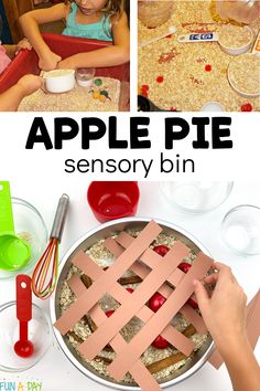 an apple pie is shown in this collage with instructions to make it and then cut out