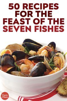 the cover of 50 recipes for the feast of the seven fishes, with an image of mussels and clams in a bowl