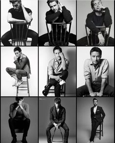 black and white photos of men sitting in different poses with their hands on their chins