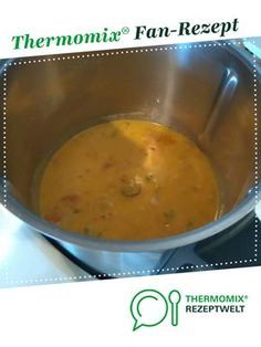 there is a pan with soup in it on top of the stove and an ad for thermomix rezeptweltt