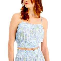 Sleeveless Cropped Length Square Neckline Smocked At Neckline And Hem All Over Blue And Green Floral 100% Rayon Machine Wash Imported Light Blue Crop Top, Yellow Floral Blouse, Cream Crop Top, Cropped Tee Shirt, Rose Shirts, Ruffle Crop Top, Wrap Crop Tops, Rose Blue, Blue Crop Tops