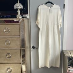 Ivory/ Cream;Approximately Waist -17.5”; Length -53.5”; Missing Fabric Tag White Classic Maxi Dress For Daywear, Classic White Maxi Dress For Daywear, Elegant Long Off-white Dress, Elegant Long Off White Dresses, Cream Maxi Dress For Spring Workwear, Classic White Maxi Dress For Spring, White Long Dress For Work, Long White Dress For Work, Cream Sheath Midi Dress For Work