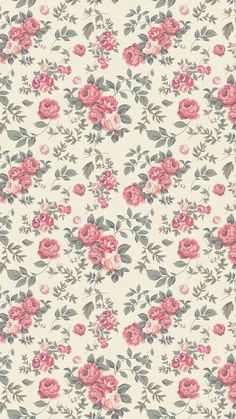 a floral wallpaper with pink and grey flowers on it's white back ground