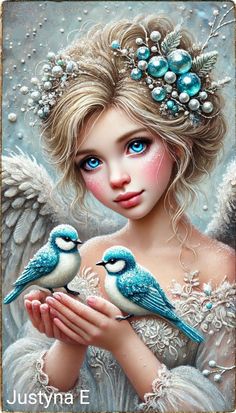 a girl holding two birds in her hands with pearls on it's head and blue eyes