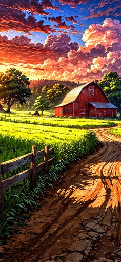 a painting of a red barn on a farm with a dirt road leading to it